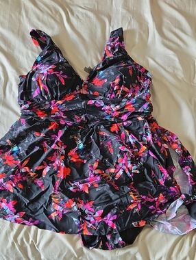 torrid Black One-Piece Swimdress with Pink, Red & Blue Floral Print